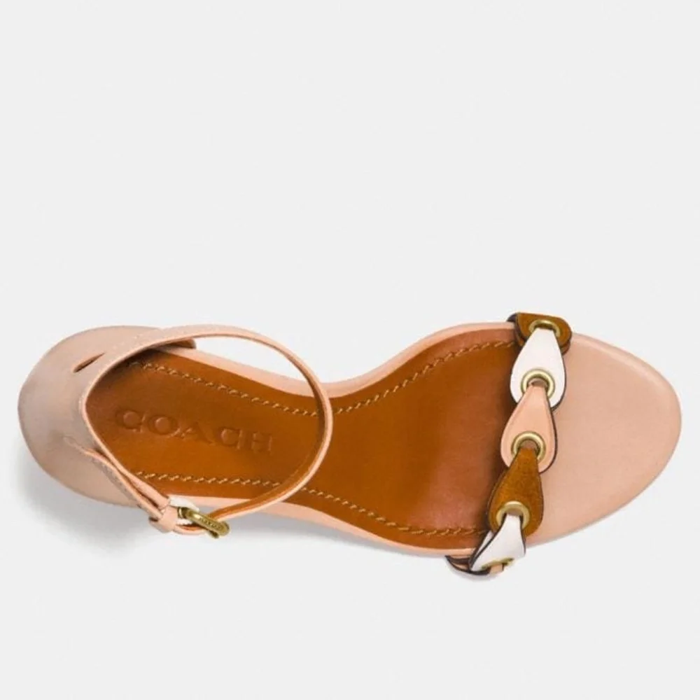 Coach Link Nude Beige Leather Block Heel Ankle Strap Sandals Dress Shoes 8.5